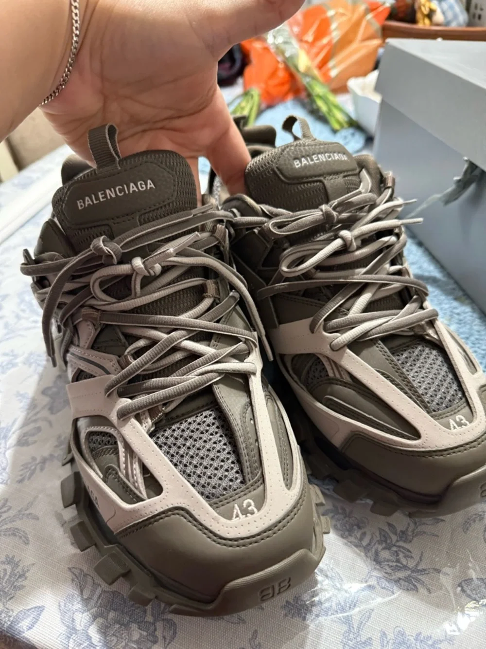 Balenciaga Women’s Layered Track Sneakers in Olive Green and Beige (Authentic)